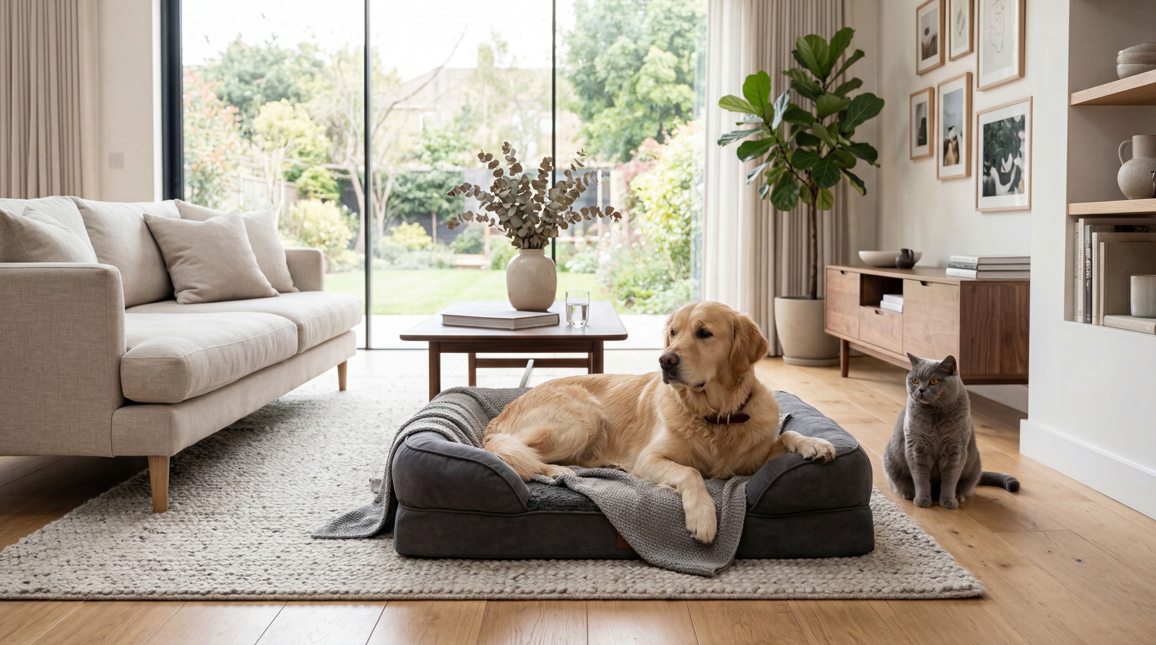 Golden retriever rustend op een premium grijs loungebed, grijze kat ernaast in een lichte moderne woonkamer