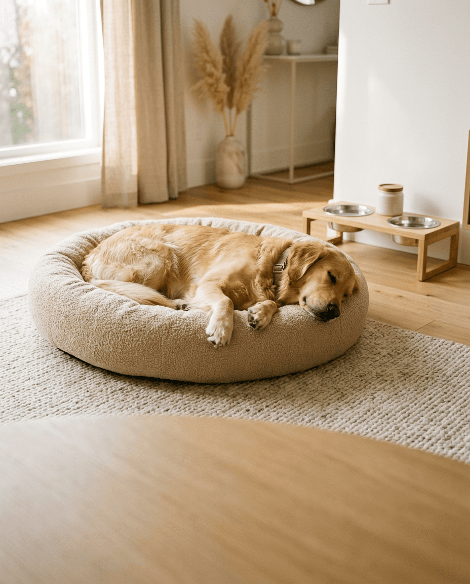 Golden retriever slaapt in een pluche donutmand, met een houten voerstation op de achtergrond