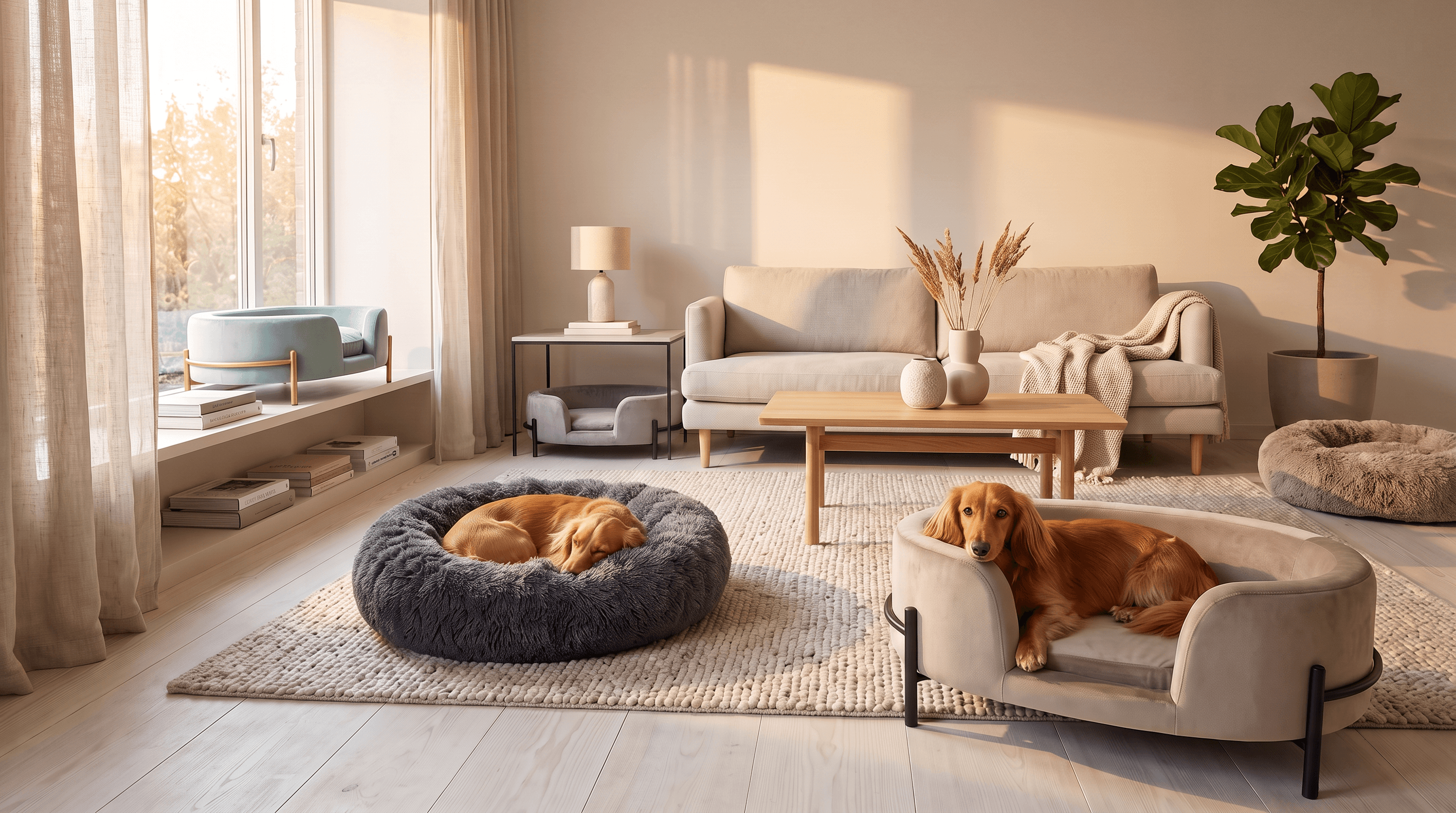 Honden rustend in pluche donut- en loungemanden in een woonkamer