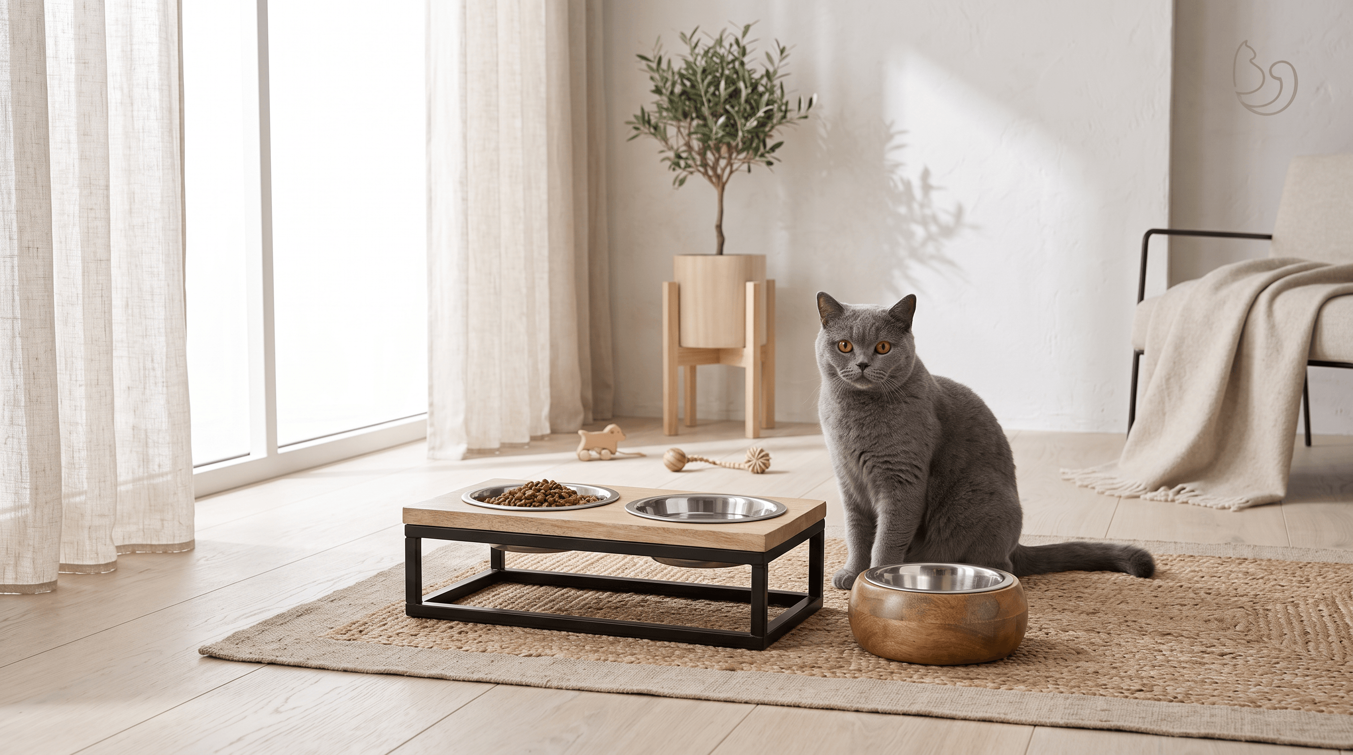 Kat naast een mangohouten voerstation in een lichte woonkamer