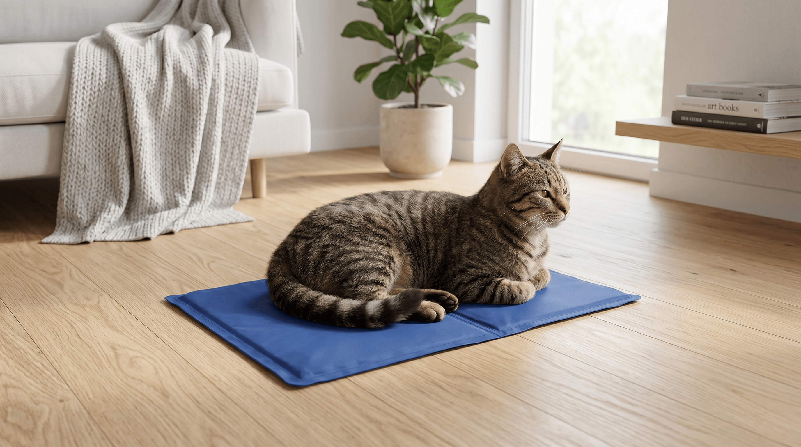 Kat ligt ontspannen op een zelfkoelende mat